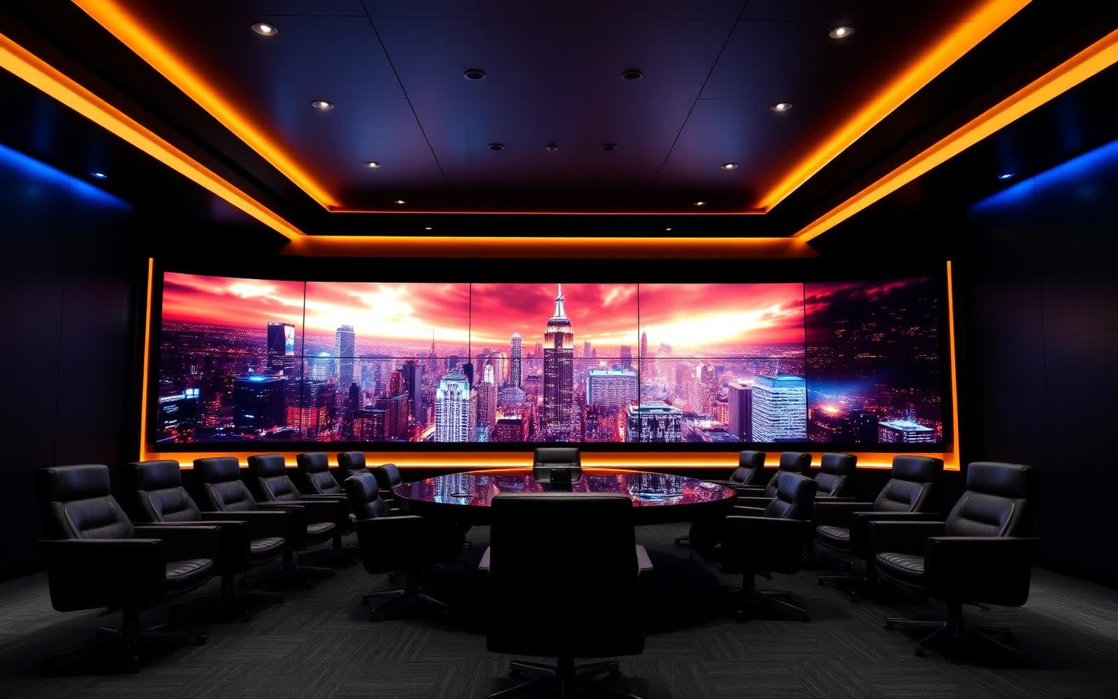 Luxury boardroom with massive LED wall